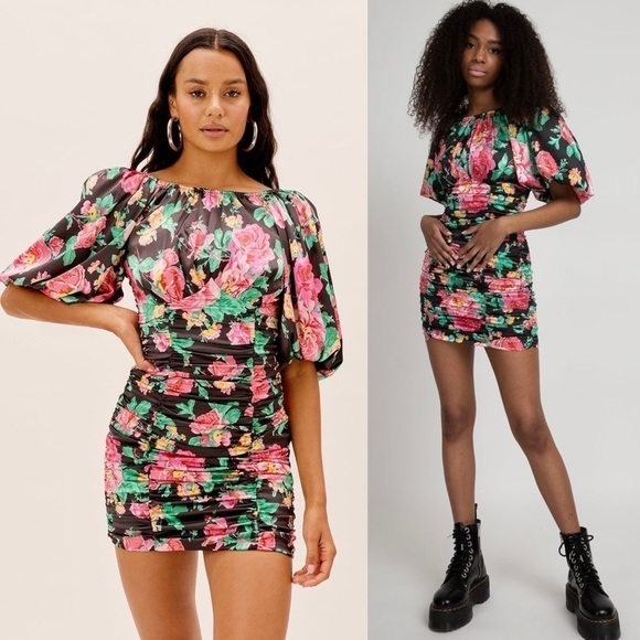 NWT FOR LOVE & LEMONS Floral Satin Puff Sleeve Open Back Ruched Bodycon Dress S - Picture 10 of 14